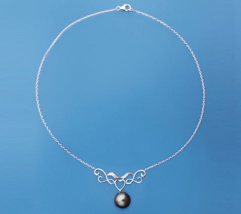 Sterling Silver Pendant with 12-13mm Drop Shape Tahitian Pearl and Cubic Zirconia