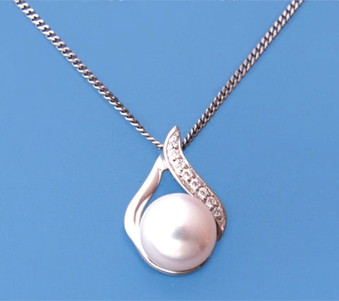 Sterling Silver Pendant with 7.5-8mm Button Shape Freshwater Pearl and Cubic Zirconia