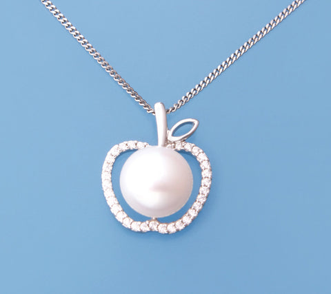 Sterling Silver Pendant with 9-9.5mm Button Shape Freshwater Pearl and Cubic Zirconia