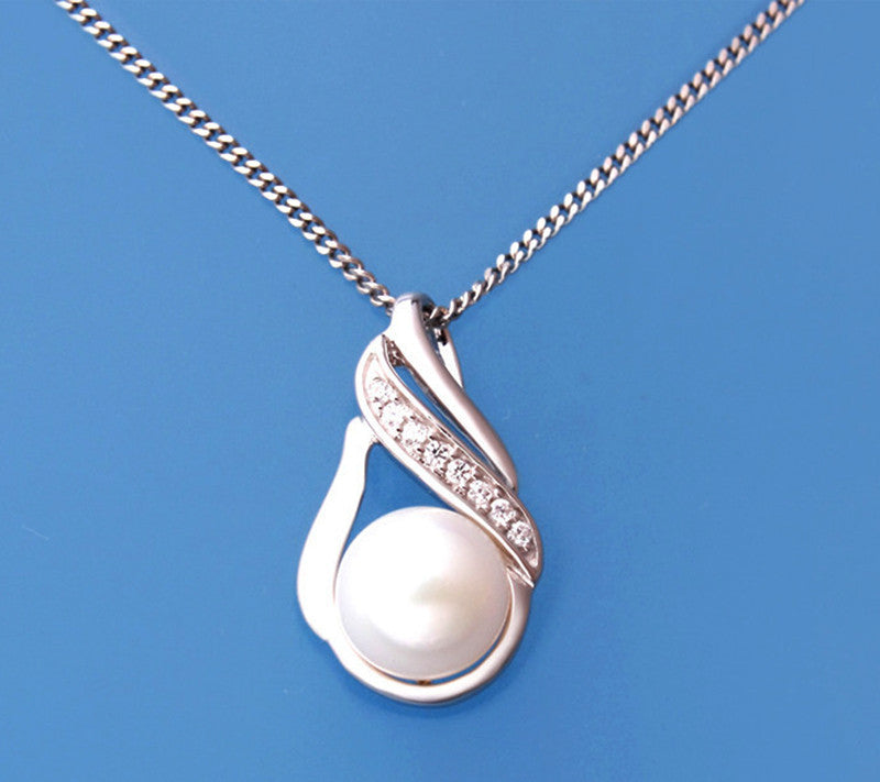 Sterling Silver Pendant with 7-7.5mm Button Shape Freshwater Pearl and Cubic Zirconia - Wing Wo Hing Jewelry Group - Pearl Jewelry Manufacturer