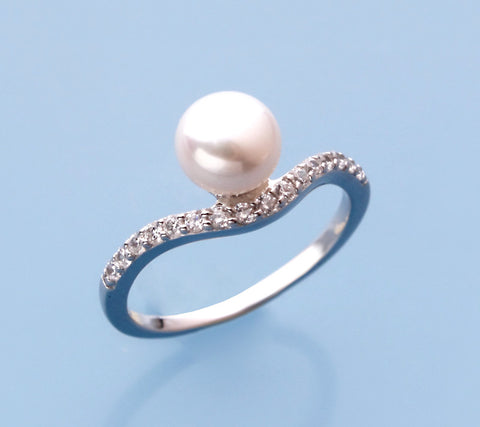 Sterling Silver Ring with 7-7.5mm Button Shape Freshwater Pearl and Cubic Zirconia