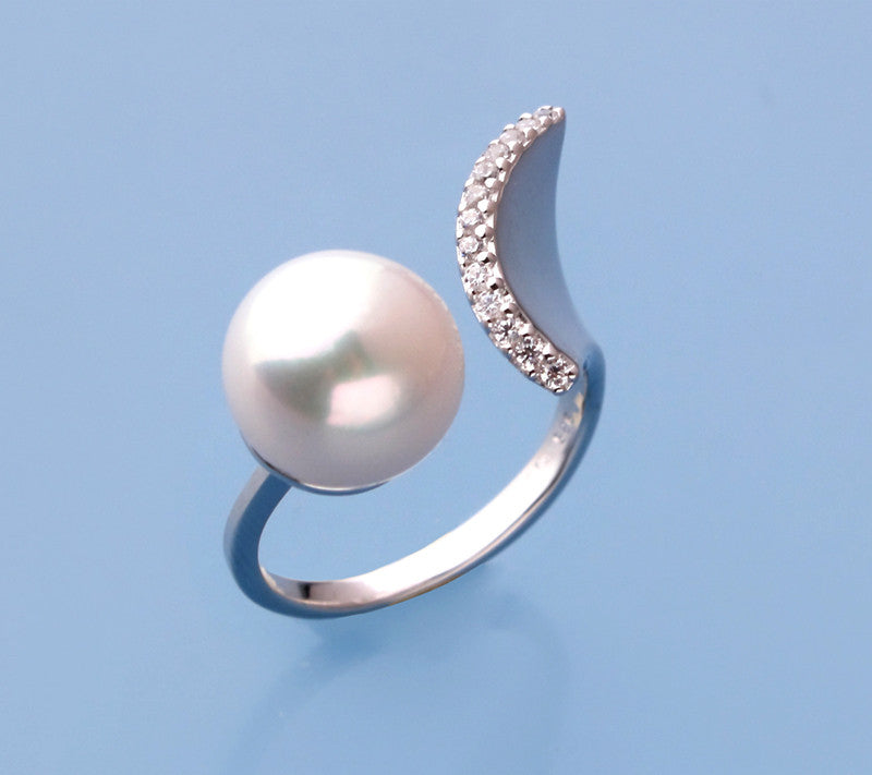 Sterling Silver Ring with 10.5-11mm Button Shape Freshwater Pearl and Cubic Zirconia - Wing Wo Hing Jewelry Group - Pearl Jewelry Manufacturer