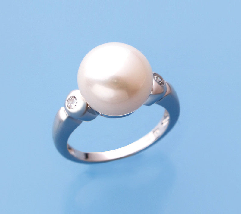 Sterling Silver Ring with 11.5-12mm Button Shape Freshwater Pearl and Cubic Zirconia - Wing Wo Hing Jewelry Group - Pearl Jewelry Manufacturer