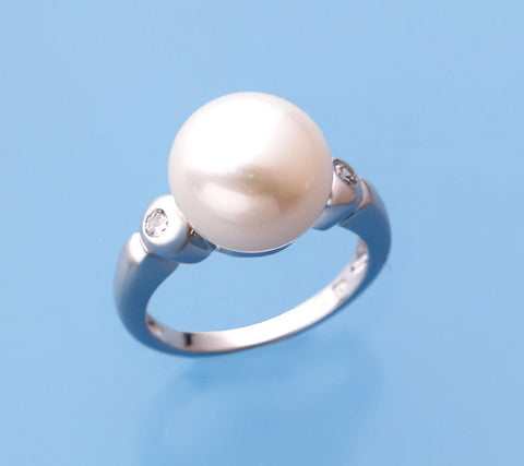Sterling Silver Ring with 11.5-12mm Button Shape Freshwater Pearl and Cubic Zirconia