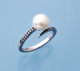 White and Black Plated Silver Ring with 7.5-8mm Button Shape Freshwater Pearl and Cubic Zirconia - Wing Wo Hing Jewelry Group - Pearl Jewelry Manufacturer
