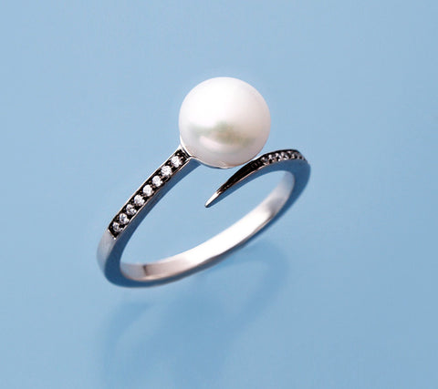 White and Black Plated Silver Ring with 7.5-8mm Button Shape Freshwater Pearl and Cubic Zirconia