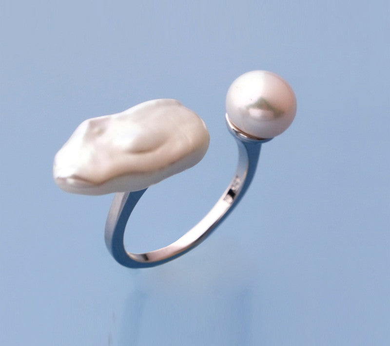 Sterling Silver Ring with Button and Lute Shape Freshwater Pearl - Wing Wo Hing Jewelry Group - Pearl Jewelry Manufacturer