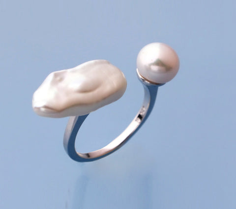 Sterling Silver Ring with Button and Lute Shape Freshwater Pearl