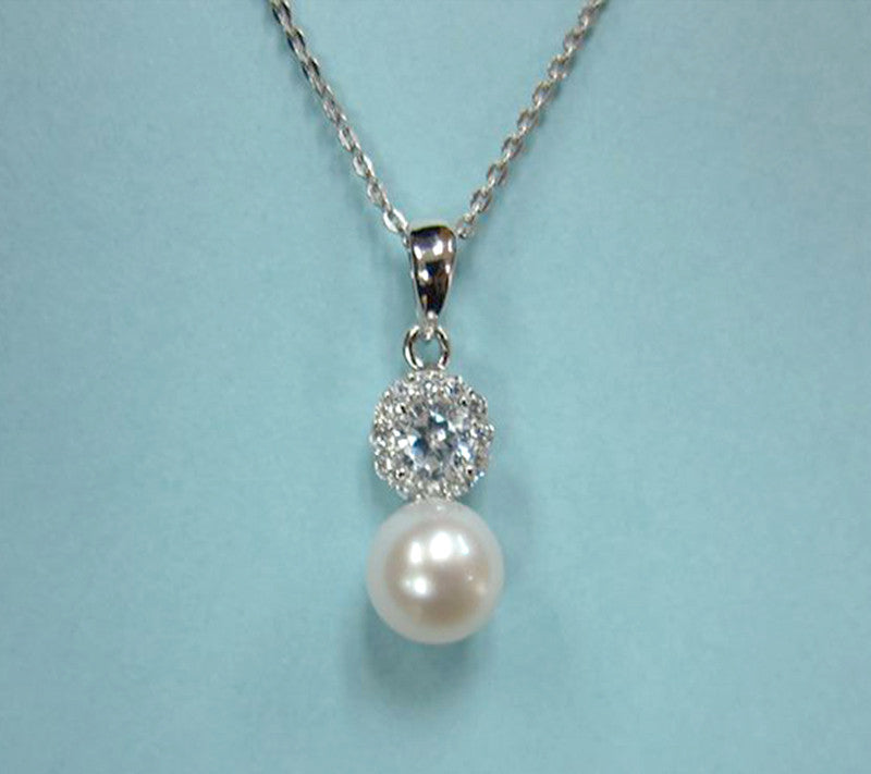 Sterling Silver Pendant with 7-7.5mm Button Shape Freshwater Pearl and Cubic Zirconia - Wing Wo Hing Jewelry Group - Pearl Jewelry Manufacturer