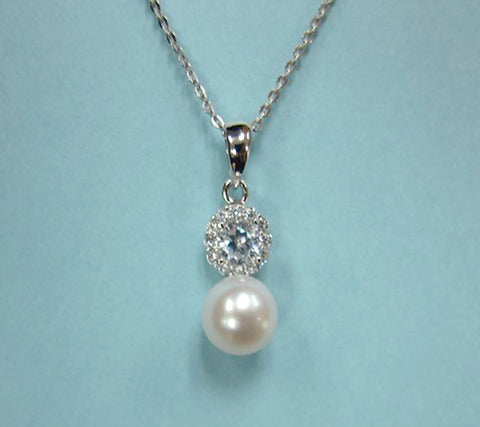 Sterling Silver Pendant with 7-7.5mm Button Shape Freshwater Pearl and Cubic Zirconia
