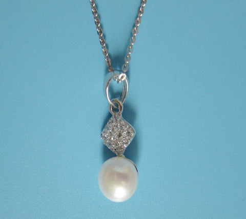 Sterling Silver Pendant with 7-7.5mm Button Shape Freshwater Pearl and Cubic Zirconia