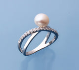 Sterling Silver Ring with 7-7.5mm Button Shape Freshwater Pearl and Cubic Zirconia - Wing Wo Hing Jewelry Group - Pearl Jewelry Manufacturer
