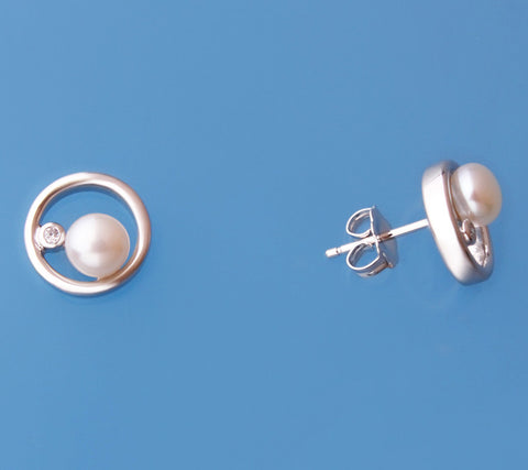 Sterling Silver Earrings with 5-5.5mm Button Shape Freshwater Pearl and Cubic Zirconia