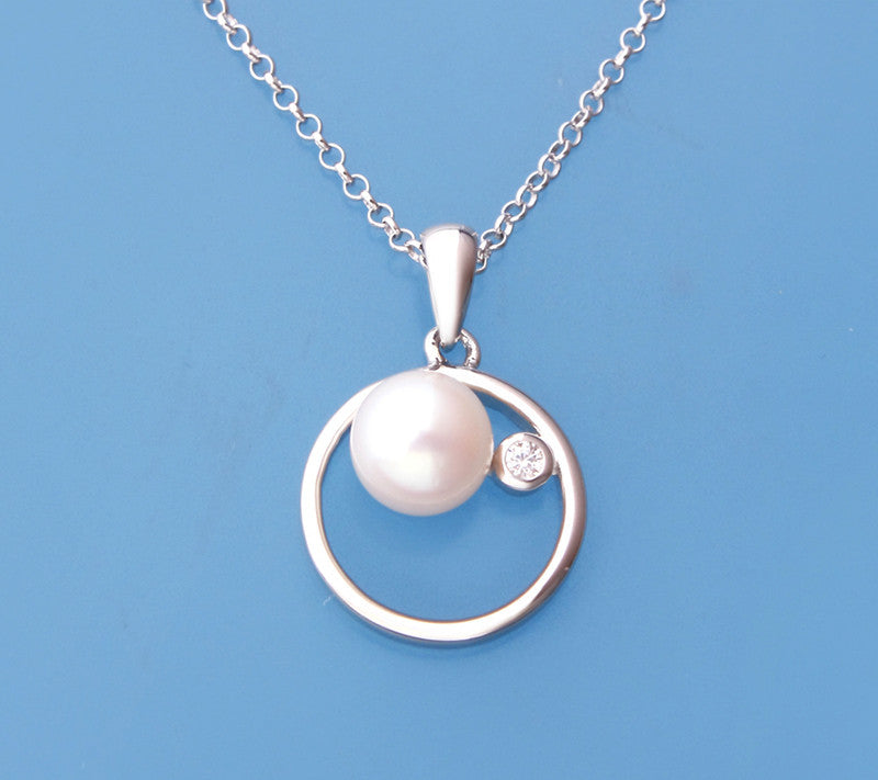 Sterling Silver Pendant with 6.5-7mm Button Shape Freshwater Pearl and Cubic Zirconia - Wing Wo Hing Jewelry Group - Pearl Jewelry Manufacturer