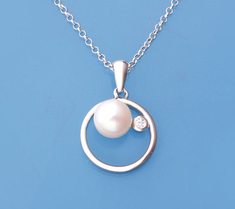 Sterling Silver Pendant with 6.5-7mm Button Shape Freshwater Pearl and Cubic Zirconia
