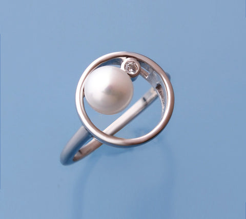 Sterling Silver Ring with 6.5-7mm Button Shape Freshwater Pearl and Cubic Zirconia