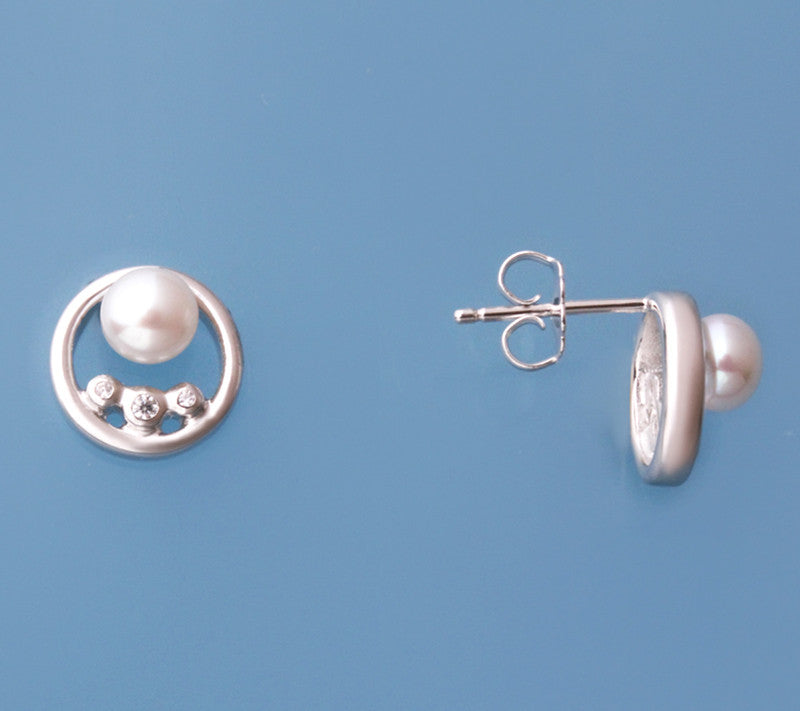 Sterling Silver earrings with 5-5.5mm Button Shape Freshwater Pearl and Cubic Zirconia - Wing Wo Hing Jewelry Group - Pearl Jewelry Manufacturer