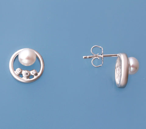Sterling Silver earrings with 5-5.5mm Button Shape Freshwater Pearl and Cubic Zirconia