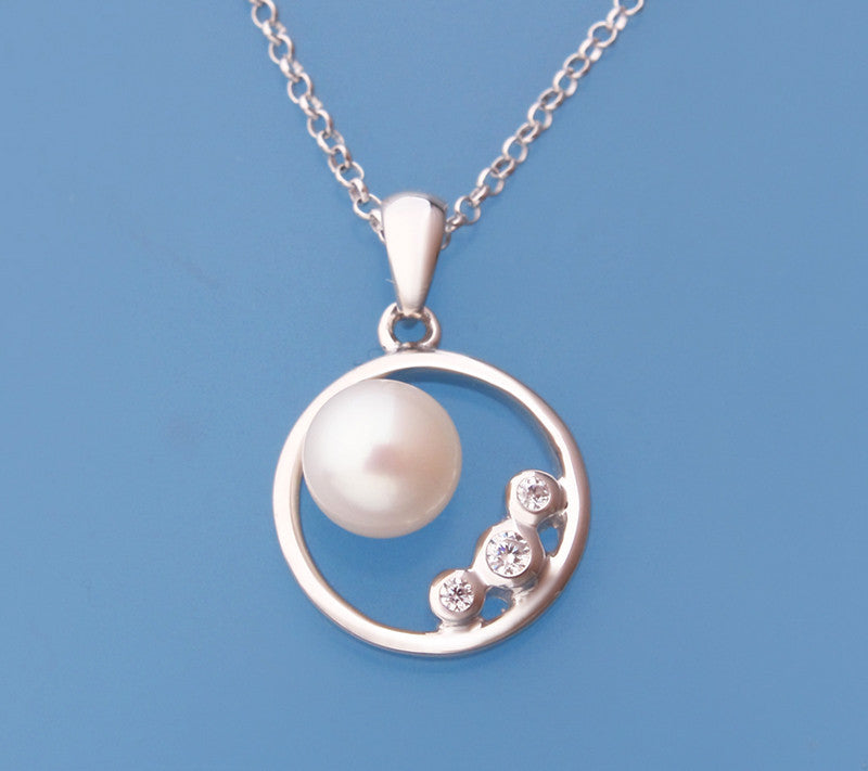 Sterling Silver Pendant with 6.5-7mm Button Shape Freshwater Pearl and Cubic Zirconia - Wing Wo Hing Jewelry Group - Pearl Jewelry Manufacturer