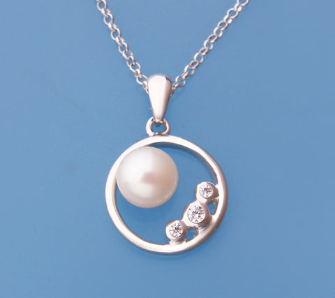 Sterling Silver Pendant with 6.5-7mm Button Shape Freshwater Pearl and Cubic Zirconia