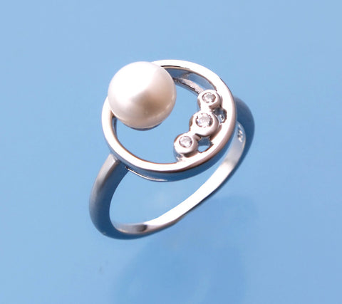 Sterling Silver Ring with 6.5-7mm Button Shape Freshwater Pearl and Cubic Zirconia