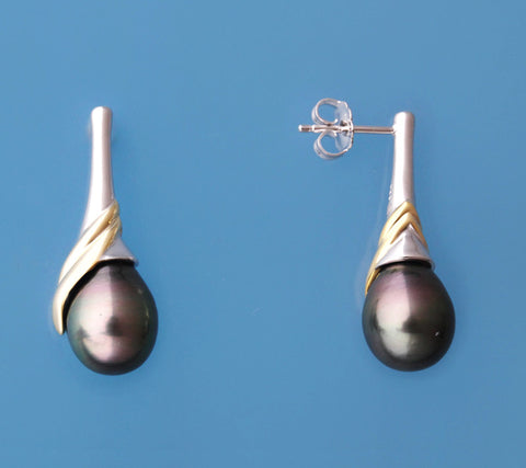 Sterling Silver Earrings with 9.5-10mm Tahitian Pearl