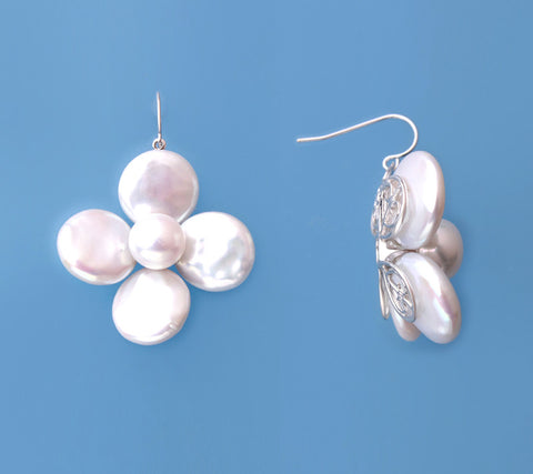 Sterling Silver Earrings with Button and Ringed Shape Freshwater Pearl