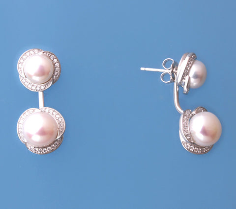 Sterling Silver Earrings with Button Shape Freshwater Pearl and Cubic Zirconia