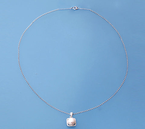 Sterling Silver Pendant with 8-8.5mm Button Shape Freshwater Pearl and Cubic Zirconia