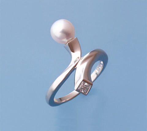 Sterling Silver with 6.5-7mm Drop Shape Freshwater Pearl and Cubic Zirconia Ring