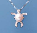 Sterling Silver Pendant with 10.5-11mm Button Shape Freshwater Pearl, Cubic Zirconia and Black Spinel - Wing Wo Hing Jewelry Group - Pearl Jewelry Manufacturer