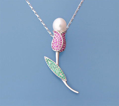 Sterling Silver Pendant with 7.5-8mm Drop Shape Freshwater Pearl and Cubic Zirconia