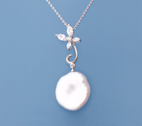 Sterling Silver Pendant with 15-16mm Baroque Shape Freshwater Pearl and Cubic Zirconia