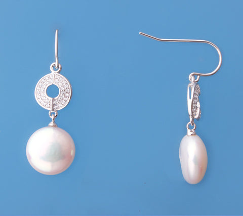Sterling Silver Earrings with 11-12mm Coin Shape Freshwater Pearl and Cubic Zirconia