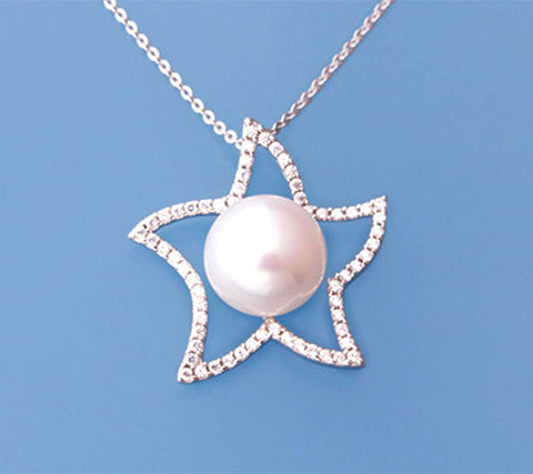 Sterling Silver Pendant with 10.5-11mm Button Shape Freshwater Pearl and Cubic Zirconia