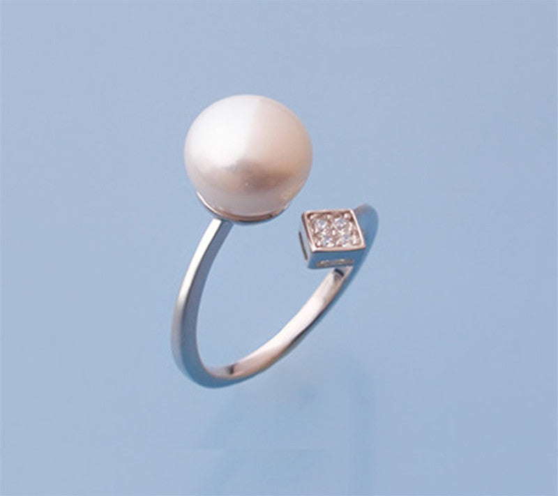 Sterling Silver Ring with 10-10.5mm Button Shape Freshwater Pearl and Cubic Zirconia - Wing Wo Hing Jewelry Group - Pearl Jewelry Manufacturer