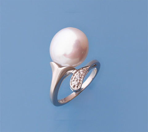 Sterling Silver Ring with 12.5-13mm Potato Shape Freshwater Pearl and Cubic Zirconia