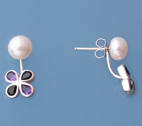 Sterling Silver Earrings with 7.5-8mm Button Shape Freshwater Pearl, Black Spinel and Amethyst