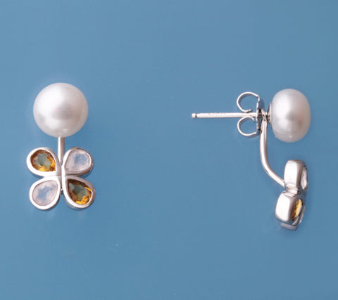 Sterling Silver Earrings with 7.5-8mm Button Shape Freshwater Pearl, Crtrine and Rose Quartz