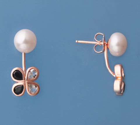 Rose Gold Plated Silver with 7.5-8mm Button Shape Freshwater Pearl, White Topaz and Black Spinel Earrings
