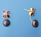 Gold Plated Silver Earrings with 8.5-9mm Button Shape Freshwater Pearl, Black Spinel and Amethyst - Wing Wo Hing Jewelry Group - Pearl Jewelry Manufacturer