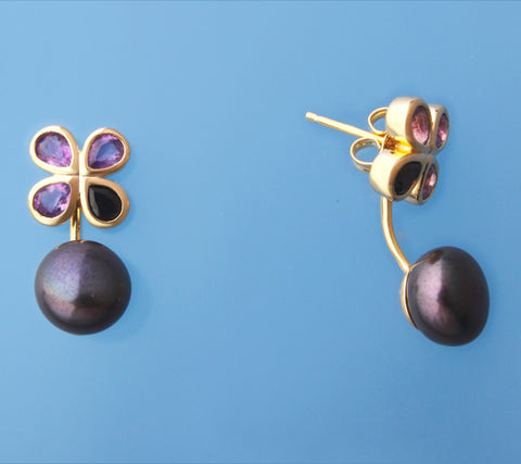 Gold Plated Silver Earrings with 8.5-9mm Button Shape Freshwater Pearl, Black Spinel and Amethyst