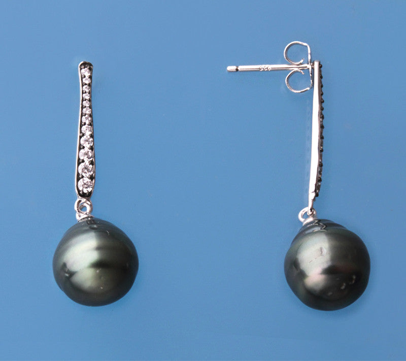 Sterling Silver Earrings with 10-11mm Tahitian Pearl and Cubic Zirconia - Wing Wo Hing Jewelry Group - Pearl Jewelry Manufacturer