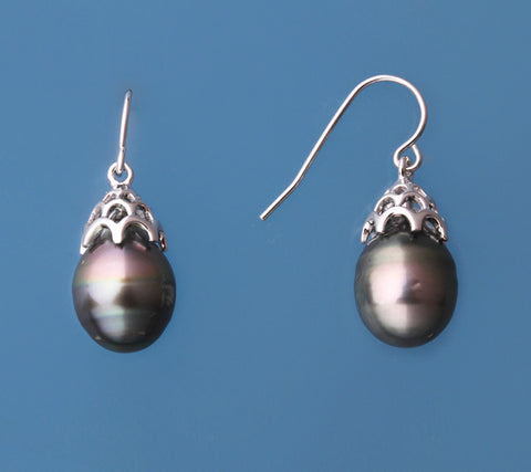 Sterling Silver Earrings with 10-11mm Tahitian Pearl