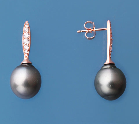 Rose Gold Plated Silver Earrings with 11-12mm Tahitian Pearl and Cubic Zirconia