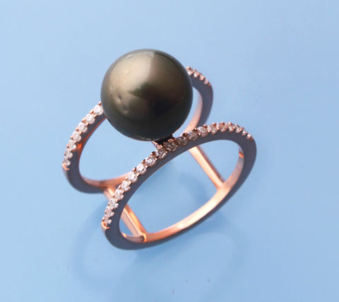 Rose Gold Plated Silver Ring with 10-11mm Tahitian Pearl and Cubic Zirconia