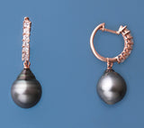 Rose Gold Plated Silver Earrings with 11-12mm Tahitian Pearl and Cubic Zirconia - Wing Wo Hing Jewelry Group - Pearl Jewelry Manufacturer