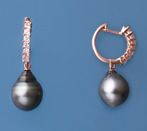 Rose Gold Plated Silver Earrings with 11-12mm Tahitian Pearl and Cubic Zirconia
