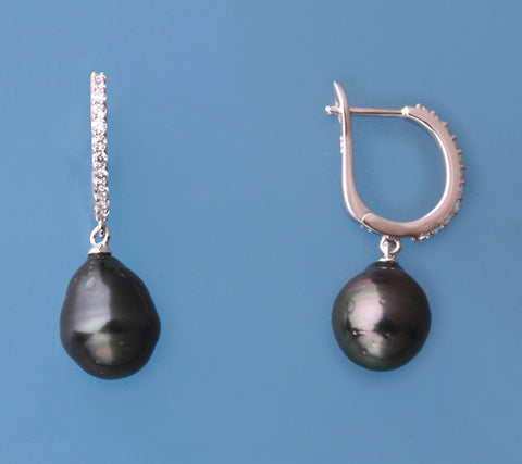Sterling Silver Earrings with 10-11mm Tahitian Pearl and Cubic Zirconia