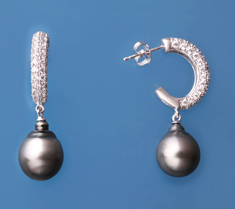 Sterling Silver Earrings with 11-12mm Tahitian Pearl and Cubic Zirconia